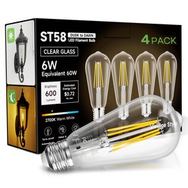 Eastiya Dusk to Dawn Light Bulbs Outdoor, 6W Equivalent 60W, 600LM, ST58 Soft White 2700K E26 Edison LED Bulbs, Light Sensing Outdoor, Photocell Sensor, Auto On/Off for Porch Patio Garage, Pack of 4