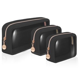 SYNVOGIA 3 Pack Clear Toiletry Bag TSA Approved Organizer Portable Travel Makeup Pouch with Golden Zipper Clear Makeup Bag Cosmetic Organizer Case | Black N