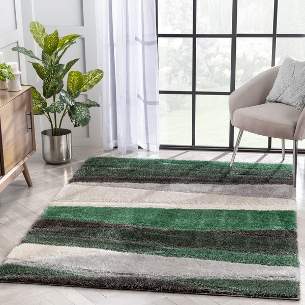 Well Woven Aphollo Green Triangles Geometric Thick Soft Plush 3D Textured Shag Area Rug 5x7 (5'3" x 7'3")
