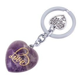 KYEYGWO Healing Crystal Heart Key Ring with Love Carved, Tree of Life Key Ring Decorative Heart Shape Stone Bag Pendant Body Pendant for Men and Women, purple