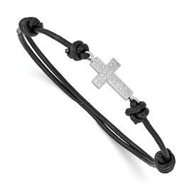 925 Sterling Silver CZ Cubic Zirconia Cross Black Leather Adjustable Bracelet