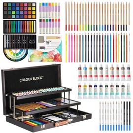 COLOUR BLOCK 181 pc Mixed Media Art Set in Wooden Case - Soft & Oil Pastels, Acrylic & Water Color Paints, Sketching, Charcoal & Colored Pencils and Tools - Professional Art Set for All Artists