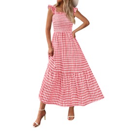PRETTYGARDEN Women's Summer Dress Casual Square Neck Ruffle Strap Gingham Smocked Midi Flowy A Line Beach Vacation Sun Dresses 2025 (Wine Red, M)