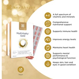 Healthspan Multivitamin Gold | Complete A–Z Vegan Formula with 24 Nutrients | Immune & Daily Wellbeing Support | Algal Source Vitamin D3 + Vitamins A, B, C, D, E & K | With Calcium, Iron, Magnesium, Selenium & Zinc | 180 Tablets
