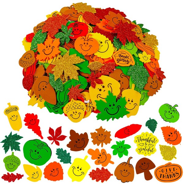 Winlyn 708 Pcs Bulk Foam Fall Leaves Shape Stickers Self Adhesive Smile Face Autumn Maple Oak Leaves Glitter Leaves Stickers 1" 1.5" 2" Embellishments for Kids Craft Halloween Thanksgiving Decoration
