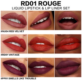 FOCALLURE KISSPROOF 6Pcs Liquid Lipstick & Lip Liner Set, 3 Highly Pigmented Lip Gloss, 3 Matte Lip Crayons with Built-in Sharpener, Lips Makeup Gift for Women, RD01 ROUGE