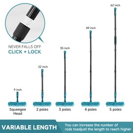 AIDELY 62" Window Squeegee, 2 in 1 Window Cleaning Tool with Telescopic Pole, Rotatable and Bendable Head for High Windows Indoor Outdoor, Includes 2 Blades & 2 Pads (Microfiber+Pads)