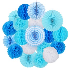 koboome Party Hanging Paper Fan Set, , Round Paper Fans Set Tissue Paper Pom Poms Flowers for Birthday Party Wedding Event Festival Decorations (Blue)
