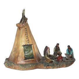Ebros Native American Indian Tribal Chief and Elders Building Fire by LED Light Tipi Tent Statue Courtesy Night Light Figurine Tribal Indian Camp Scene