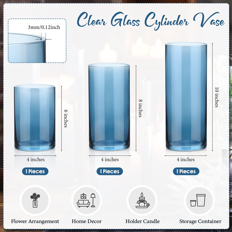 Set of 3 Blue Clear Hurricane Candle Holder Glass Cylinder
