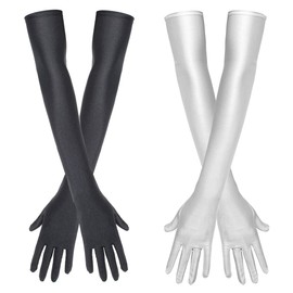 EOYVAIL Gloves & Mittens for Women, Long Women's Gloves, Dinner Gloves, Long Satin Gloves for Weddings, Masquerade, Carnival, 1920s (2 Pairs, Black/White)