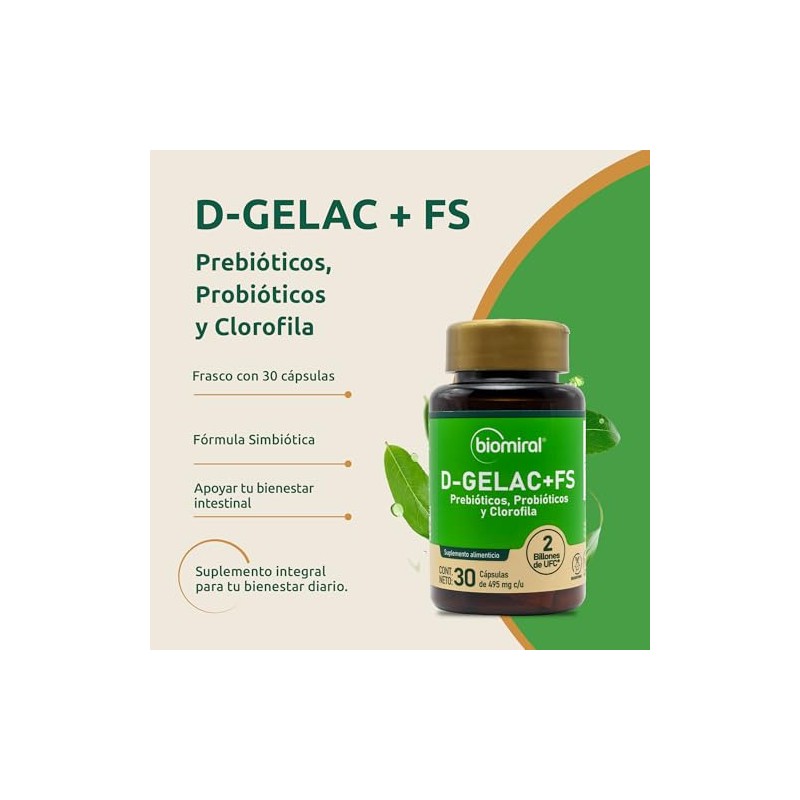 Biomiral Gelac Suplementos Alimenticios Probióticos Prebióticos Clorofila Fibra Lactobacilos Cápsulas
