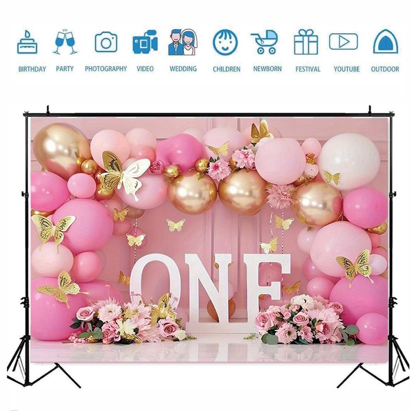 XUNJIN NO.1 First Birthday Backdrop Wonderland Flowers Butterfly Balloons Backdrop