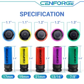 Cenforge 1/2" Drive Lug Nut Socket Set, Metric 17 19 21 mm & SAE 13/16 7/8 in. Wheel Socket Set, 5-PC Impact Lug Nut Socket Set, Thin Wall Lug Nut Socket with Colored Protective Covers