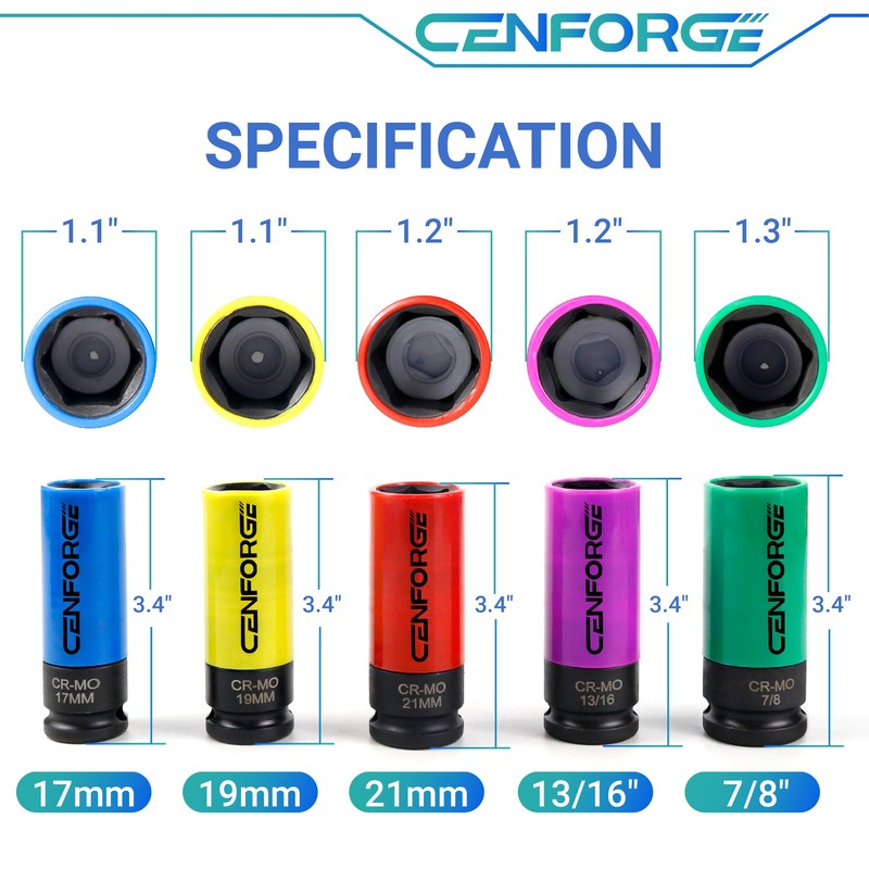 Cenforge 1/2" Drive Lug Nut Socket Set, Metric 17 19