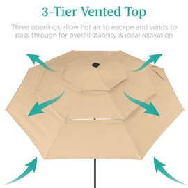 Best Choice Products 10ft 3-Tier Solar Patio Umbrella, Outdoor Market Sun Shade for Backyard, Deck, Poolside w/ 24 LED Lights, Tilt Adjustment, Easy Crank, 8 Ribs - Sand