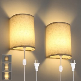 Lightess Plug in Wall Sconces Set of Two, Dimmable Fabric Sconces with On/Off Switch, Bedside Wall Lamps with Plug in Cord, Modern Wall Lamp Indoor for Bedroom Living Room Hallway