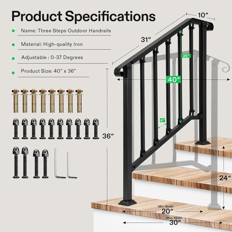 VIVOSUN Outdoor Handrail, 3 Step Stair Handrail, 40" x 36"