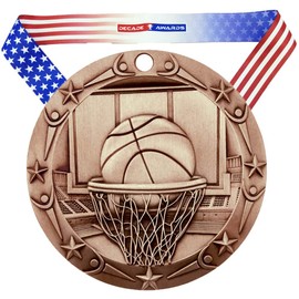 Decade Awards Basketball World Class Engraved Medal, Bronze - 3 Inch Wide Hoops Third Place Medallion with Stars and Stripes American Flag V Neck Ribbon - Customize Now