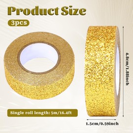 QfwdfcTrenz 3 Rolls 5/8 Inch（15mm） x 5.5 Yards Glitter Washi Tape Craft Self Adhesive Stick On Sticky Glitter Trim Gold for Festival Decoration Scrapbooking, Journal, Planner, Gift Wrapping