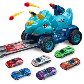 PIAUSC Dinosaur Toys for Kids 3 4 5 6 7 8 Years Old Boy Toddler, Foldable Track with 6 Die-Cast Metal Toy Cars and Missile Launcher, Suitable for Kids Boy Birthday Gift