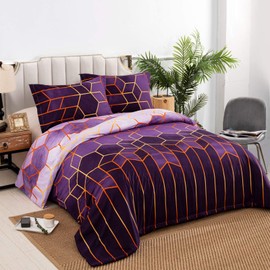 Purple Geometric Duvet Cover Golden Stripes Soft Microfiber Bedding Duvet Cover Set, Reversible Lightweight Bedding Sets 3pcs with Zipper Closure (Double, 200x200cm)