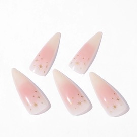 BABALAL Long Stiletto Press on Nails White Fake Nails Pink Ombre Glue ons Nails Star Design Acrylic Nails 24Pcs Almond Manicure False Nails