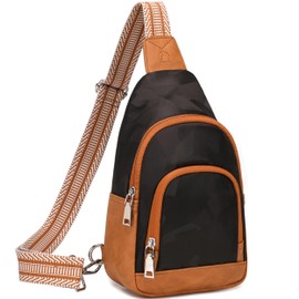 Fanny Packs for Women Small Crossbody Bags Sling Purses Anti Theft Cross Body Shoulder Bag for Travel Work Waterproof Nylon Chest Bag with Leather Gifts for Mom（Brown- Geometric Black）