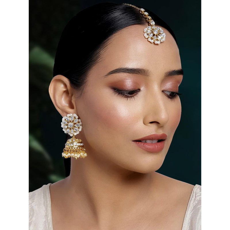 Aheli Kundan Pearl Jhumki Pendientes con Maang Tikka Indian Traditional