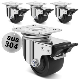 Nefish 3 Inch Heavy Duty Stainless Steel Low Gravity Casters, SUS 304 Industrial Grade Stainless Steel Caster Wheels with Brakes, Durable Castors Set of 4 with Nylon Wheels for Industrial, Equipment