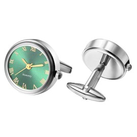 JewelryWe Men's Watches with Cufflinks, Pocket Watch: Analogue Quartz Cuff Watch Round Roman Numerals Dial Watch Cufflink Watch Gold/Silver Gift for Men, silver-green