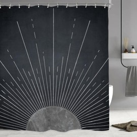 Miyotaa Abstract Sun Shower Curtain Set 60Wx71H Inches Modern Minimalist Mid Century Aesthetic Sunburst Sunrise Gray Polyester Waterproof Cloth Bathroom Curtain with 12 Hooks