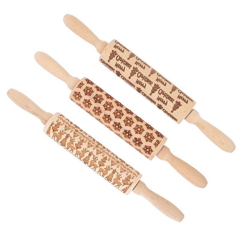 3Pcs Wooden Embossed Rolling Pin Cute Christmas Pattern Engraved Embossing