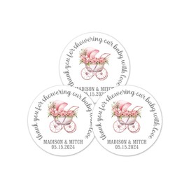 Baby Shower Thank You for Showering Our Baby With Love Stickers 1 inch Round, Pack of 63 Pink Carriage Labels for Favor Bags and Boxes - BB43