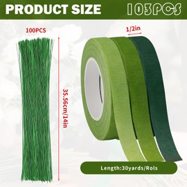 afhgdjr 3 Rolls of Crepe Paper Green, Florist Ribbon, Florist Crepe Paper, Florist Tape Green, 100 Green Floral Wire, Suitable for Bouquets and Crafts