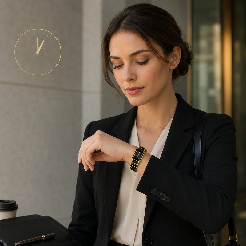 XV12 Rectangular Ceramic Quartz Watch – Black & Gold Date