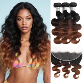 ANMETAN #1B/2/30 Ombre Body Wave Human Hair Bundles With frontal, 12A Chestnut Brown 3 Bundles and 13x4 HD Transparent Lace Frontal Ear to Ear (12/14/16+12 IN) Free Part Soft Remy Hair Weave Dark Root