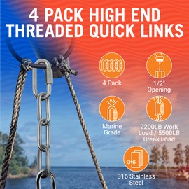 316 Stainless Steel Locking Chain Link, Threaded Quick Link Chain Connector Clips, Heavy Duty D Shape Quicklinks, 1/2", 3/8", 5/16", 1/4" Small Sizes, Marine Grade, 4 Pack Safety Links 3/8"