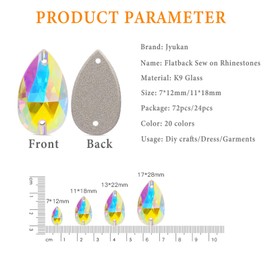 Teardrop Rhinestones Sew on Flatback Rhinestones 24pcs 11X18mm Flat Back Crystal Rhinestones with Holes for Clothes Dress Crafts Garments,Gold Crystal