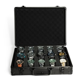AUKURA Deluxe 15 slots watch case, hard aluminum watch storage organizer display box travel case for large and small watch up to 55mm (black 15 slots)