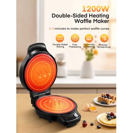 FOHERE Waffle Cone Maker Machine and Ice Cream Bowl Maker with Browning Control, Double Side Nonstick Waffle Bowl Maker with Cone Roller, 7.5” Thin Waffle Maker for Home Kitchen