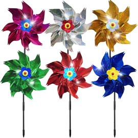 HADEEONG Sparkly Reflective Pinwheels with Stakes, Colorful Wind Spinners Outdoor Bird Scare Devices, Foil Pin Wheel Holographic Whirl Windmill for Yard Garden Decor Garden Wind Spinner 6 Packs