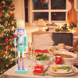 MHFOOU Christmas Nutcracker Soldier, Handmade Wooden Christmas Nutcracker Figures Ornament Christmas Candy Light Color Series Decoration for Christmas Home Decor (Green, 25CM)