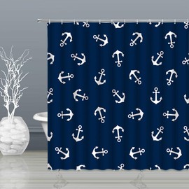 BSTDS Anchor Pattern Shower Curtain Nautical Theme Navy Blue White Bathroom Curtains Decor Polyester Fabric Quick Drying 70x70 Inches Include Hooks