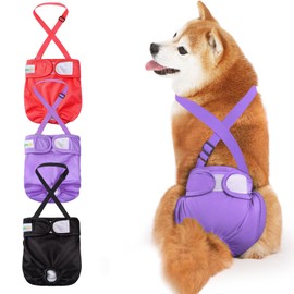 Idepet Female Dog Diapers with Suspender 3 Pack Reusable Doggie Diapers for Small Medium Female Dog in Heat Period Cycle/Urinary Incontinence/Training, Black+Red+Purple L