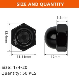 1/4-20 Acorn Cap Nuts, 304 Stainless Steel 18-8, Black Finish, 50 PCS