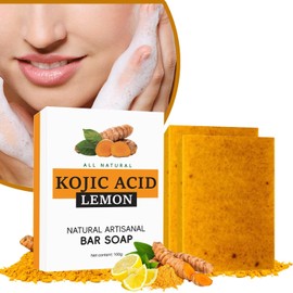 2PCS Jabón Turmeric Soap, Jabón De Ácido Kójico De Cúrcuma y Limón, Ingredientes naturales y orgánicos Limón Turmeric Kojic Soap, Iluminador y Hidratante, suave Turmeric Soap Bar para rostro y cuerpo