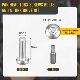 DTGN M5x16mm Pan Head Torx Security Screws - 50Pack - Good for Machinery - 304 Stainless Steel Tamper Proof Fasteners & a Torx Driver Bit - Silver Tone