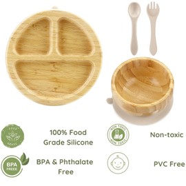 PandaEar Bamboo Suction Feeding Set for Babies | Natural Wood Suction Plate & Bowl with Silicone Spoon and Fork | Baby Led Weaning Set for Toddlers & Kids, BPA-Free