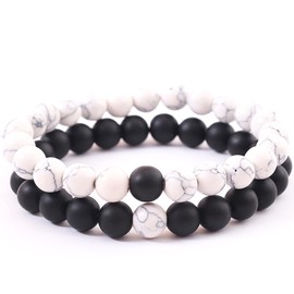 MINGZE Armband aus Natursteinen, 2 Stück – Distanz Paar Armband mit Crown King & Queen schwarz matt Achat & White Howlith, 8 mm Perlenarmband, One Size, Stein